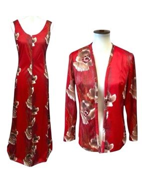 Vintage MCM Red Hawaiian Asian Floral Sleeveless Formal Maxi Dress Jacket Set